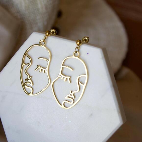 Abstract Face Earrings, Gold Stainless Steel Modern Art Hoops - Picture 3 of 5